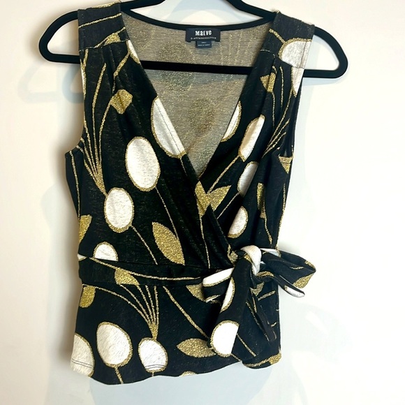 Anthropologie Maeve Craspedia Metallic Gold Floral Wrap Tank Shirt Top - Picture 5 of 6